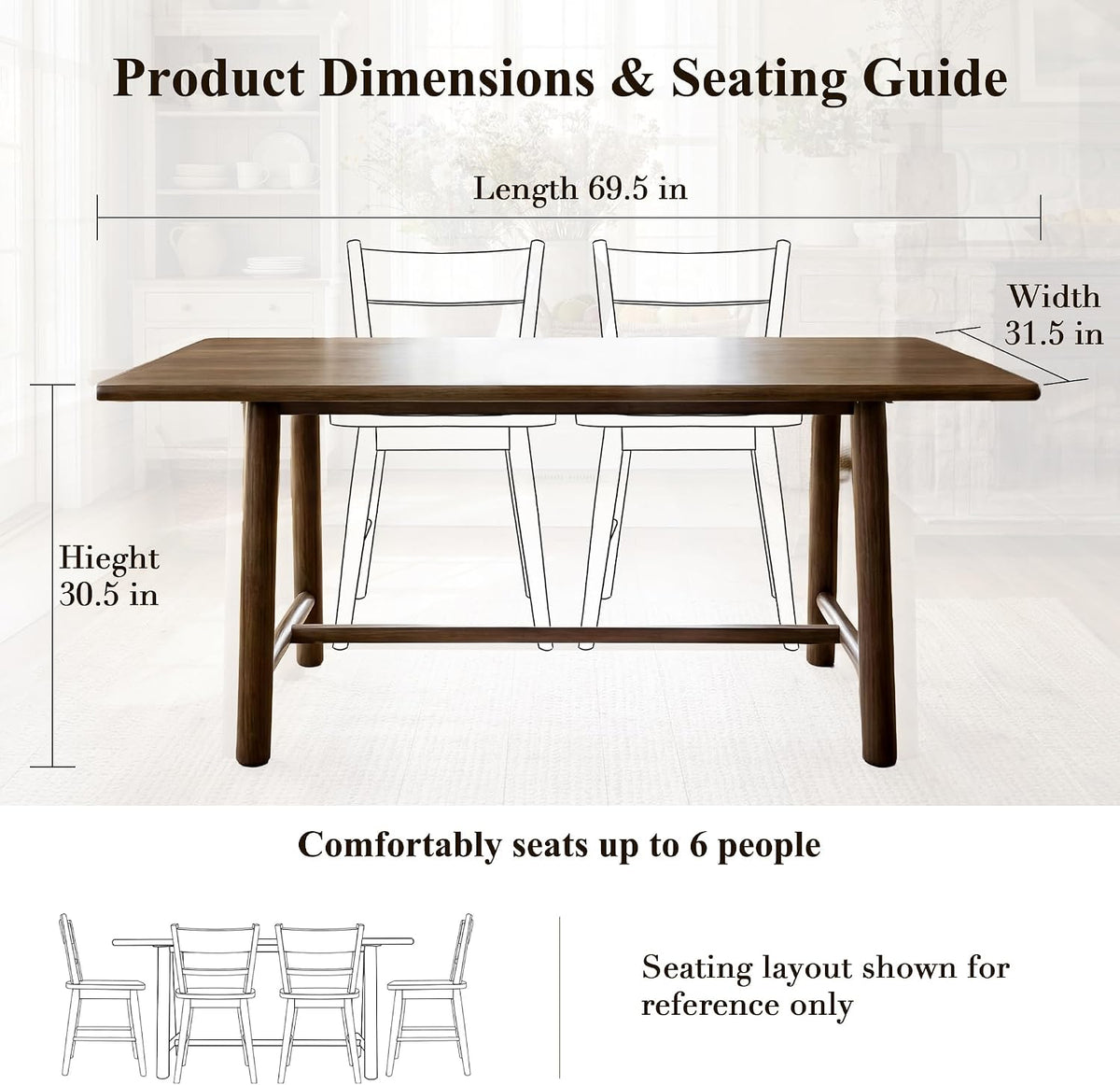 Ya-Home Walnut Dining Table, 69" Wood Kitchen Table with Solid Wood Legs, Seats 4-6, Modern Farmhouse Dinner Table for Dining Room Home Office