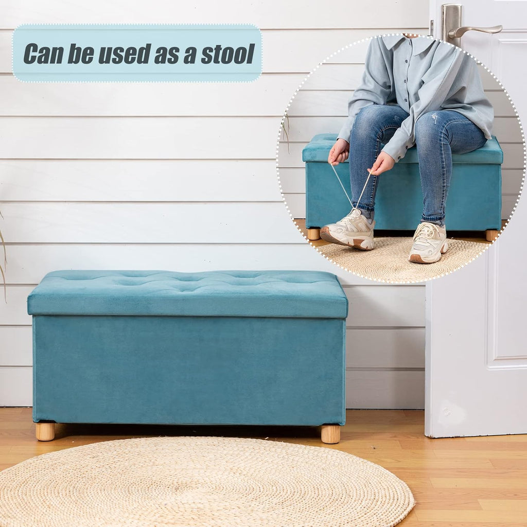 BRIAN & DANY 30 Inches Folding Storage Ottoman Bench, Ottoman with Storage for Living Room, with Wooden Feet and Lid, Teal