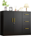 pozdeg Buffet Sideboard Cabinet with Storage, 36.61" H Kitchen Storage Pantry Cabinet with 3 Drawers, Metal Cupboard Coffee Bar Station Table for Kitchen, Living Room, Dining Room (Black)