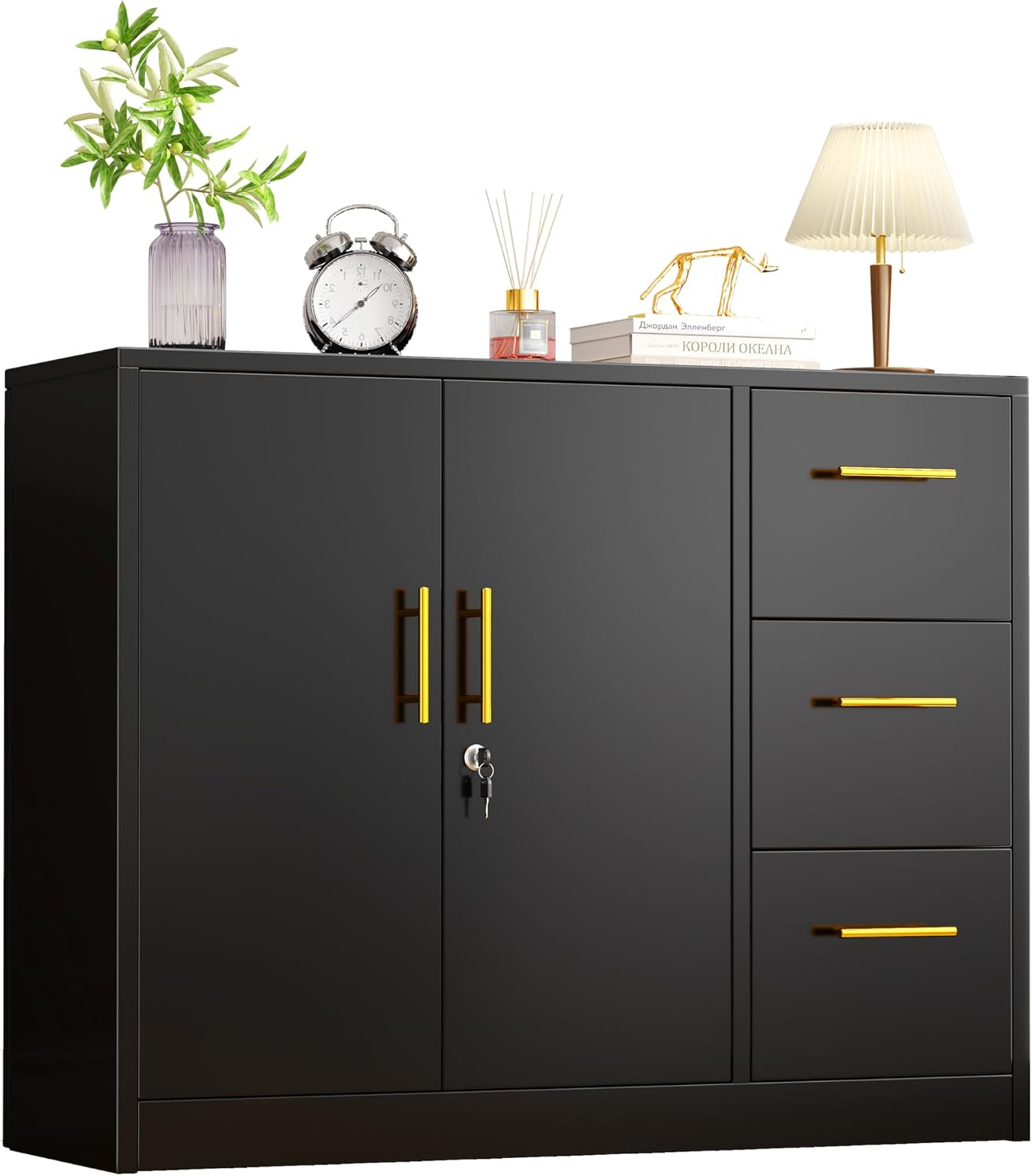 pozdeg Buffet Sideboard Cabinet with Storage, 36.61" H Kitchen Storage Pantry Cabinet with 3 Drawers, Metal Cupboard Coffee Bar Station Table for Kitchen, Living Room, Dining Room (Black)