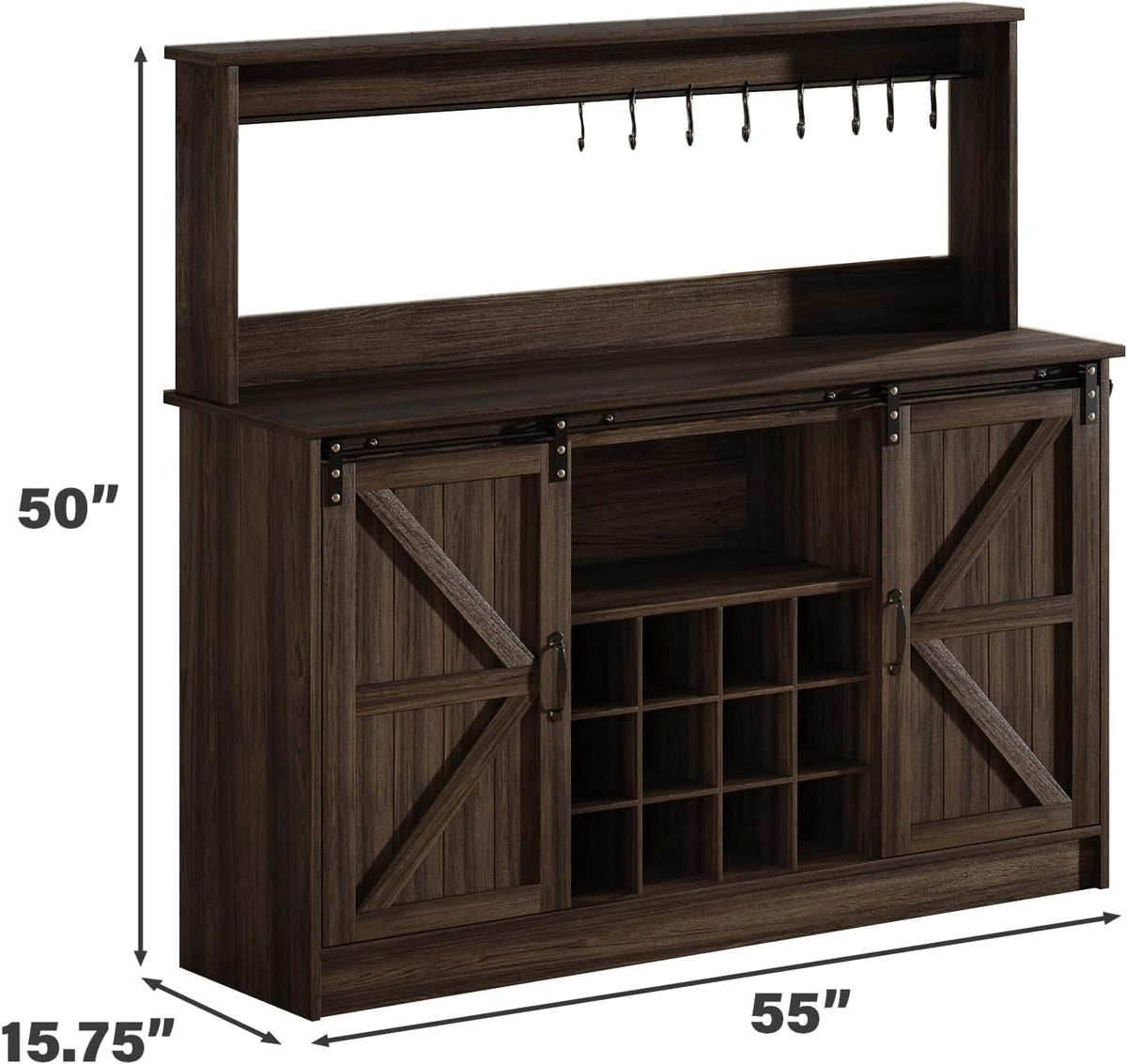 4ever2buy 55" Farmhouse Coffee Bar Cabinet with Storage & Wine Rack, Oak | Storage Hutch with Adjustable Shelves, Wine Rack and 8 Hooks for Living Room or Dining Room Storage
