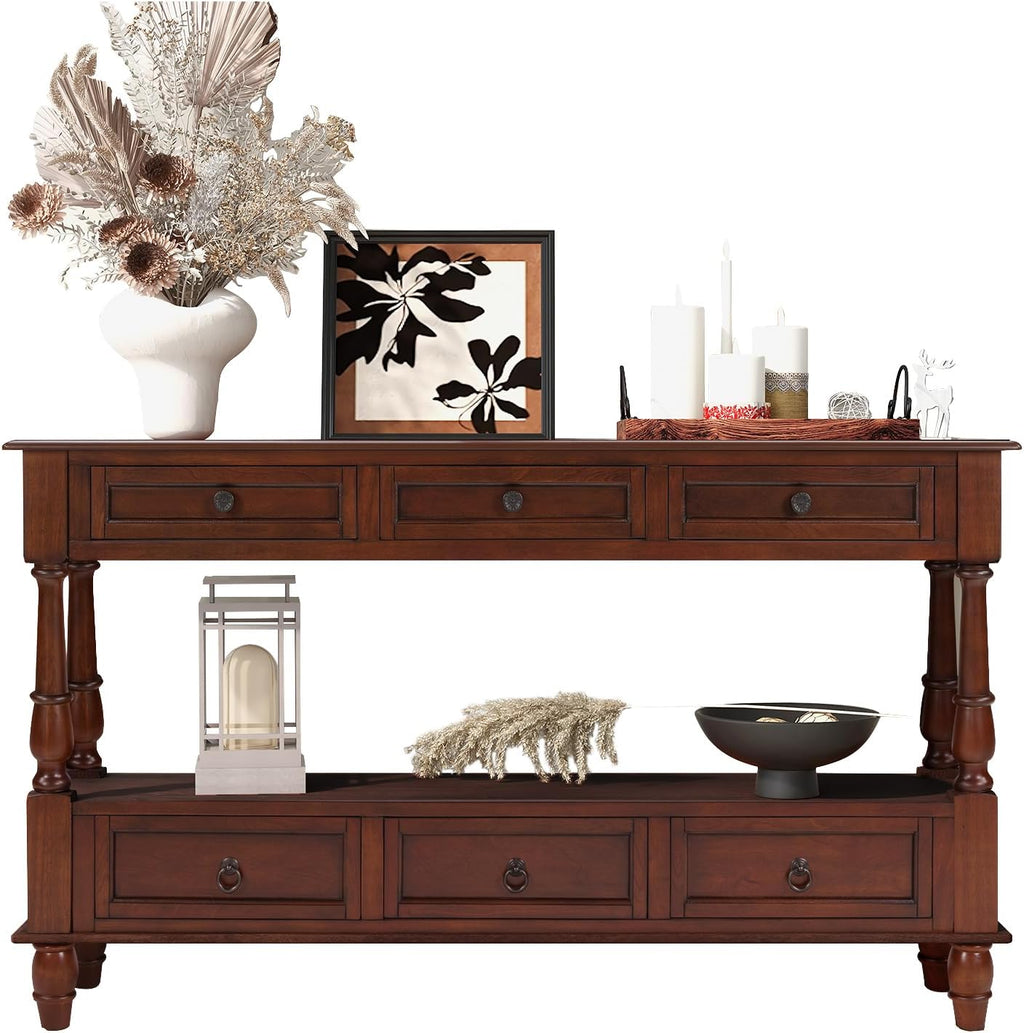 Vintage Solid Wood Console Table with 6 Drawers - 54" Hallway Sofa Table with Bottom Shelf for Entrance, Living Room & Foyer, Cherry