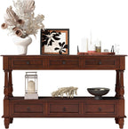 Vintage Solid Wood Console Table with 6 Drawers - 54" Hallway Sofa Table with Bottom Shelf for Entrance, Living Room & Foyer, Cherry