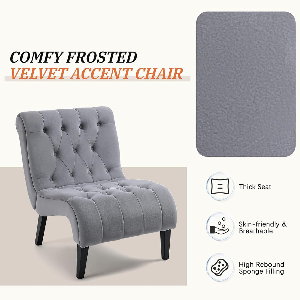 AVAWING Armless Tufted Velvet Accent Chair with Wood Legs, Grey | Soft fade & pill-resistant velvet; ergonomic tufted cushion; non-slip rubber wood legs; for living room bedroom office, grey