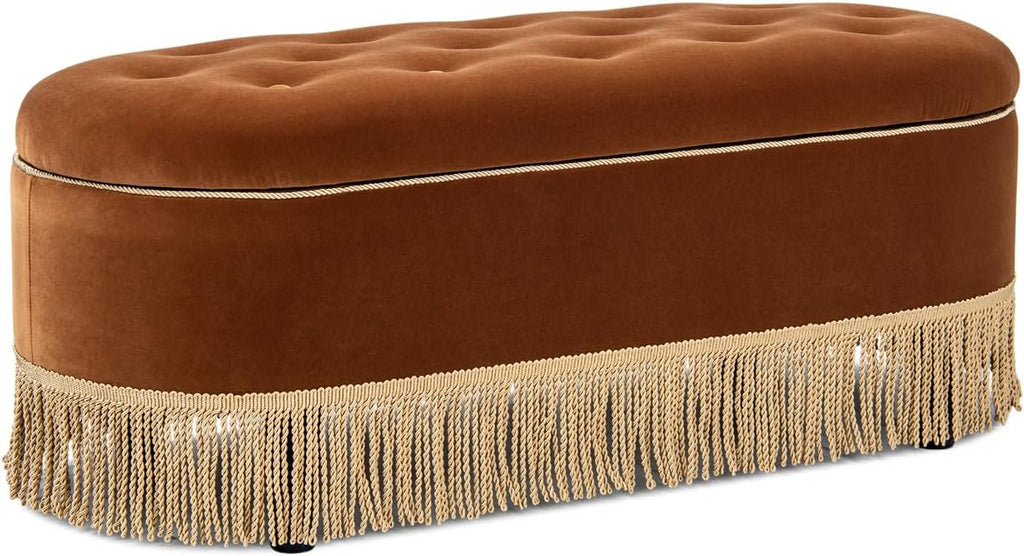 Jennifer Taylor Home 48.5" Oval Tufted Bullion Fringe Storage Bench, Burnt Orange Performance Velvet
