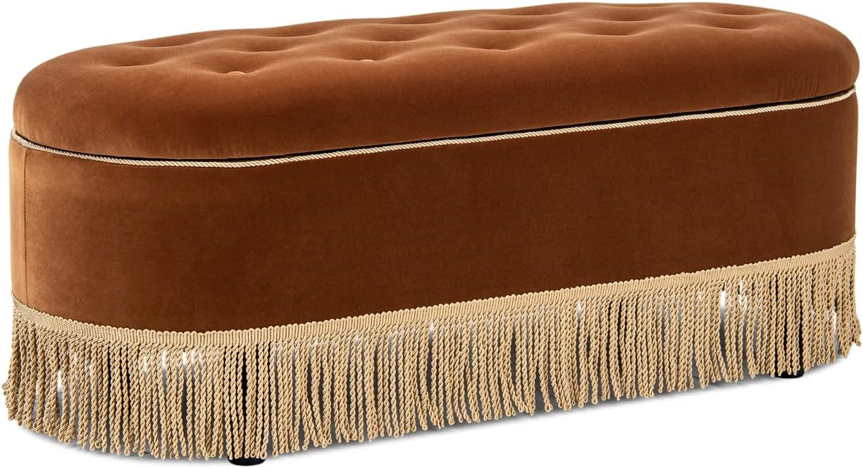 Jennifer Taylor Home 48.5" Oval Tufted Bullion Fringe Storage Bench, Burnt Orange Performance Velvet