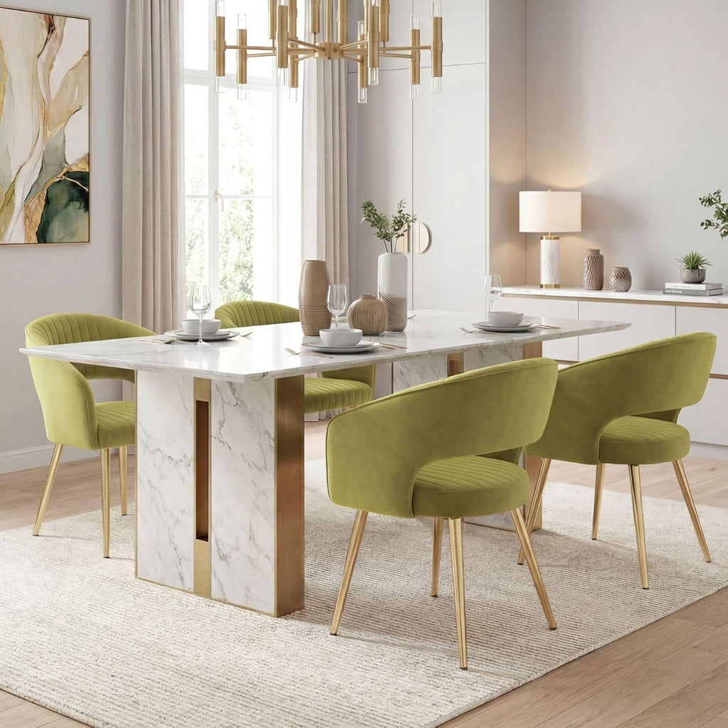 Hyfirm Green Velvet and Gold Dining Chairs, Set of 4 Modern Upholstered Arm Chairs with Hollow Backrest, Tufted Accent Side Chair with Sturdy Metal Legs for Dining Room, Living Room, Kitchen, Salon