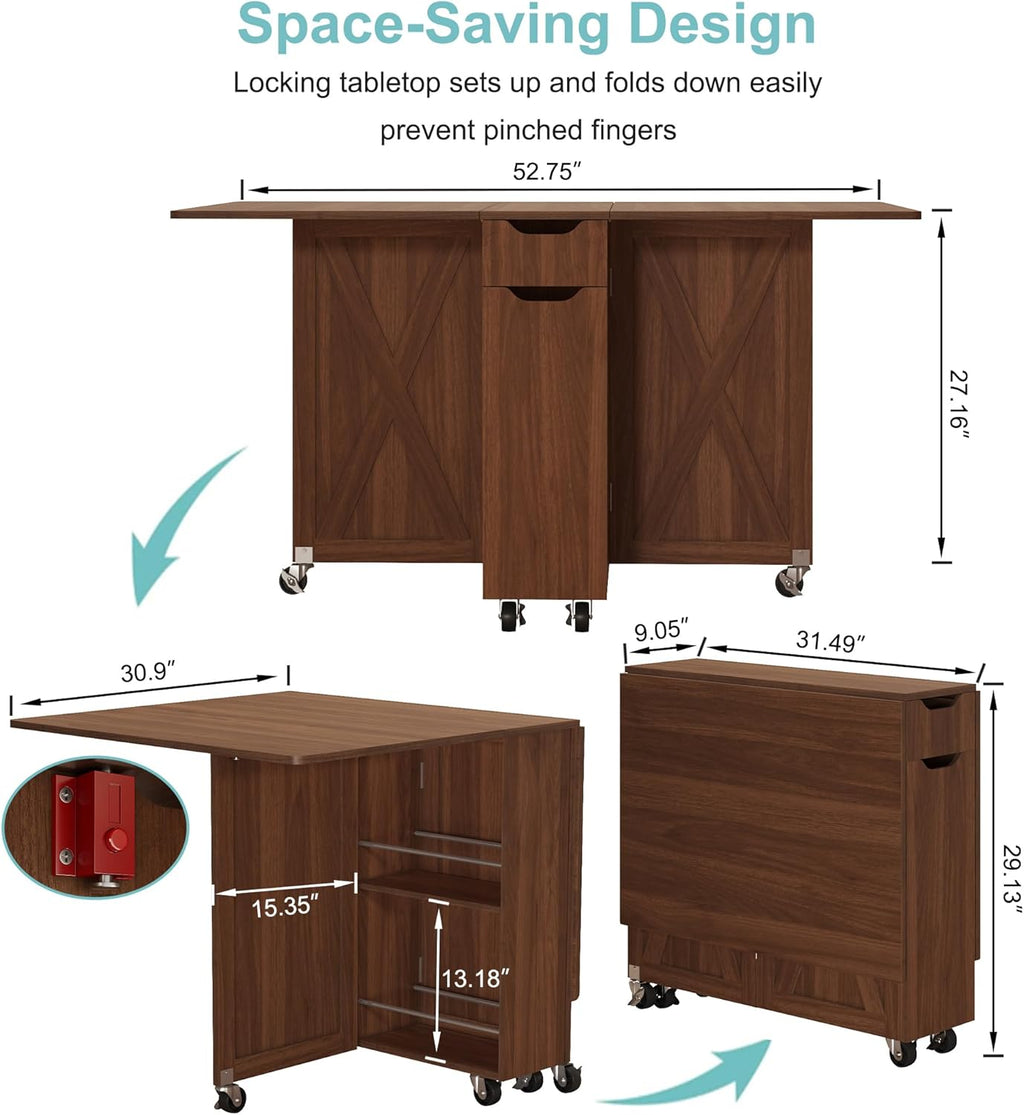 3imothrix Folding Dining Table, Dinner Table with Drawer and Storage and Shelves, Space Saving Dining Table with 6 Wheels, Kitchen Table for Small Spaces (Walnut)