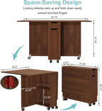 3imothrix Folding Dining Table, Dinner Table with Drawer and Storage and Shelves, Space Saving Dining Table with 6 Wheels, Kitchen Table for Small Spaces (Walnut)