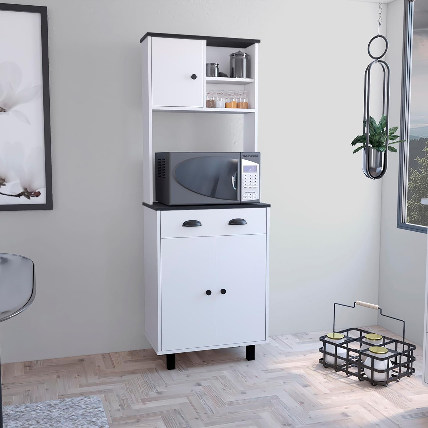 Salem Kitchen Pantry with 2 Cabinets, 2 Open Shelves, and Drawer