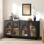 JOINICE Sideboard Buffet Cabinet with Storage,63” Modern Accent Console Cabinet with Glass Doors,Arched Credenza Storage Cabinet with Adjustable Shelves for Entryway,Kitchen,Black