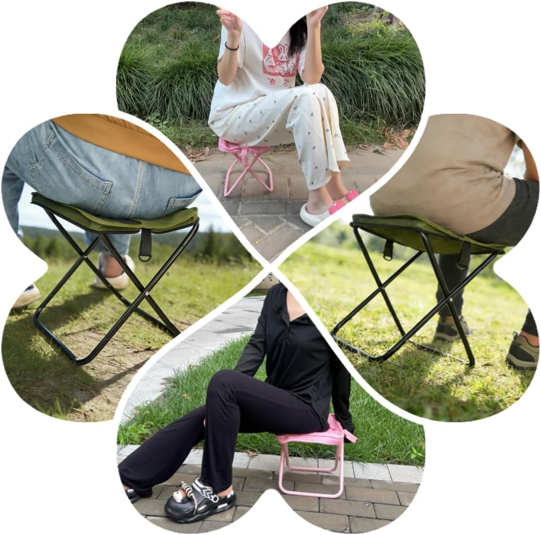 Portable Foldable Camping Stool Chair - Ultralight Travel Stool with Storage Pocket, Handbag Style Design, Double Set、Couple Set (OD Green & Pink Cherry)