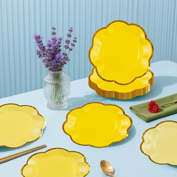 48Pcs Yellow Scalloped Party Plates - 7inch Gold Foil Gradient Yellow Dessert Paper Plate Disposable Cake Plates for Birthday Bridal Baby Shower Wedding Party Decorative Supplies