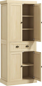 72" Farmhouse Kitchen Pantry Cabinet, Freestanding Tall Storage Cabinet with 4 Soft-Close Doors, 2 Adjustable Shelves and Drawer for Dining Room, Natural Wood