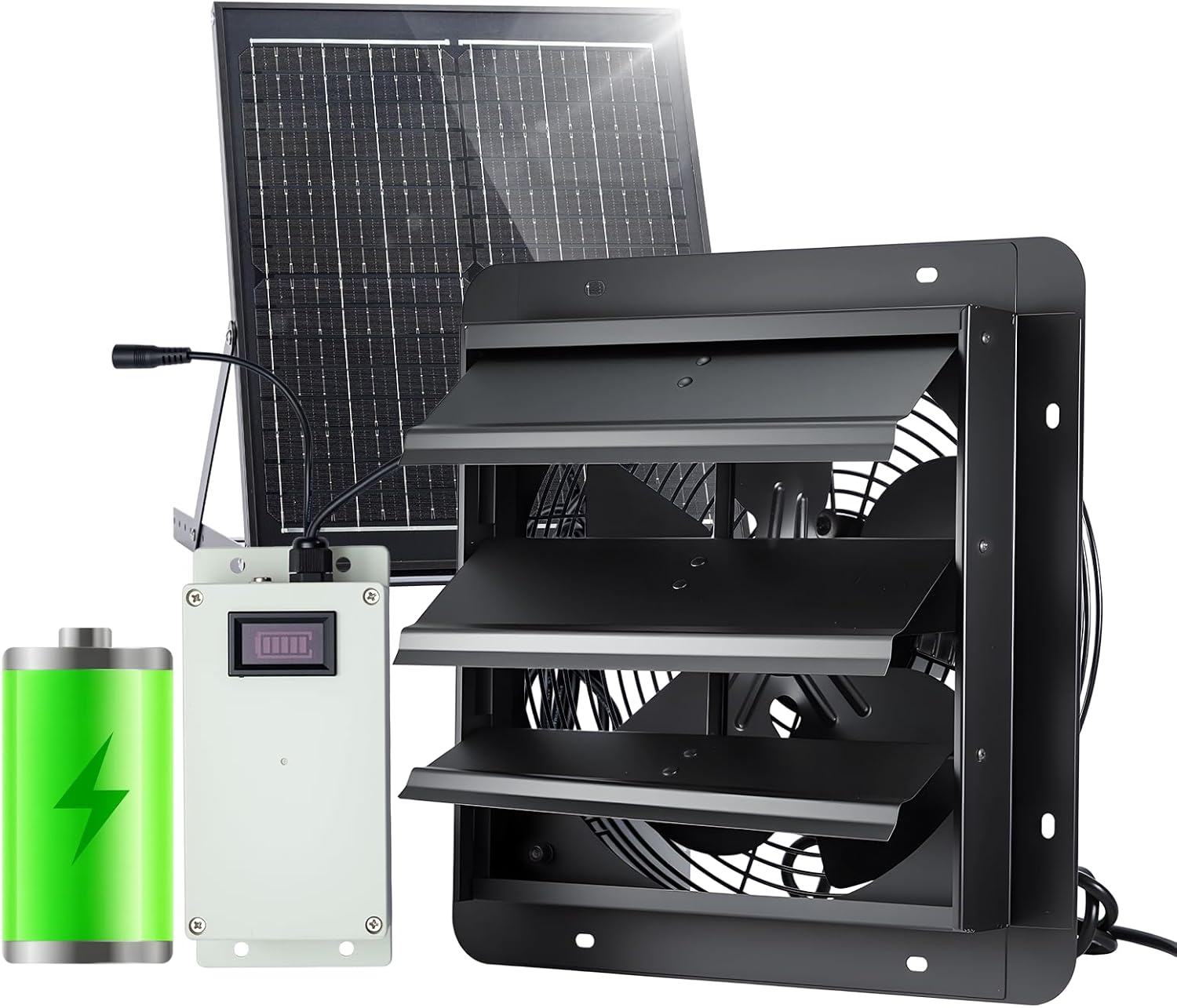 GROWNEER Solar Powered Exhaust Fan, 30W Solar Panel+12" High Speed Solar Powered Fans with Power Adapter, High Speed Waterproof Solar Fan with Bracket for Shed, Chicken Coop, Greenhouse, Attic