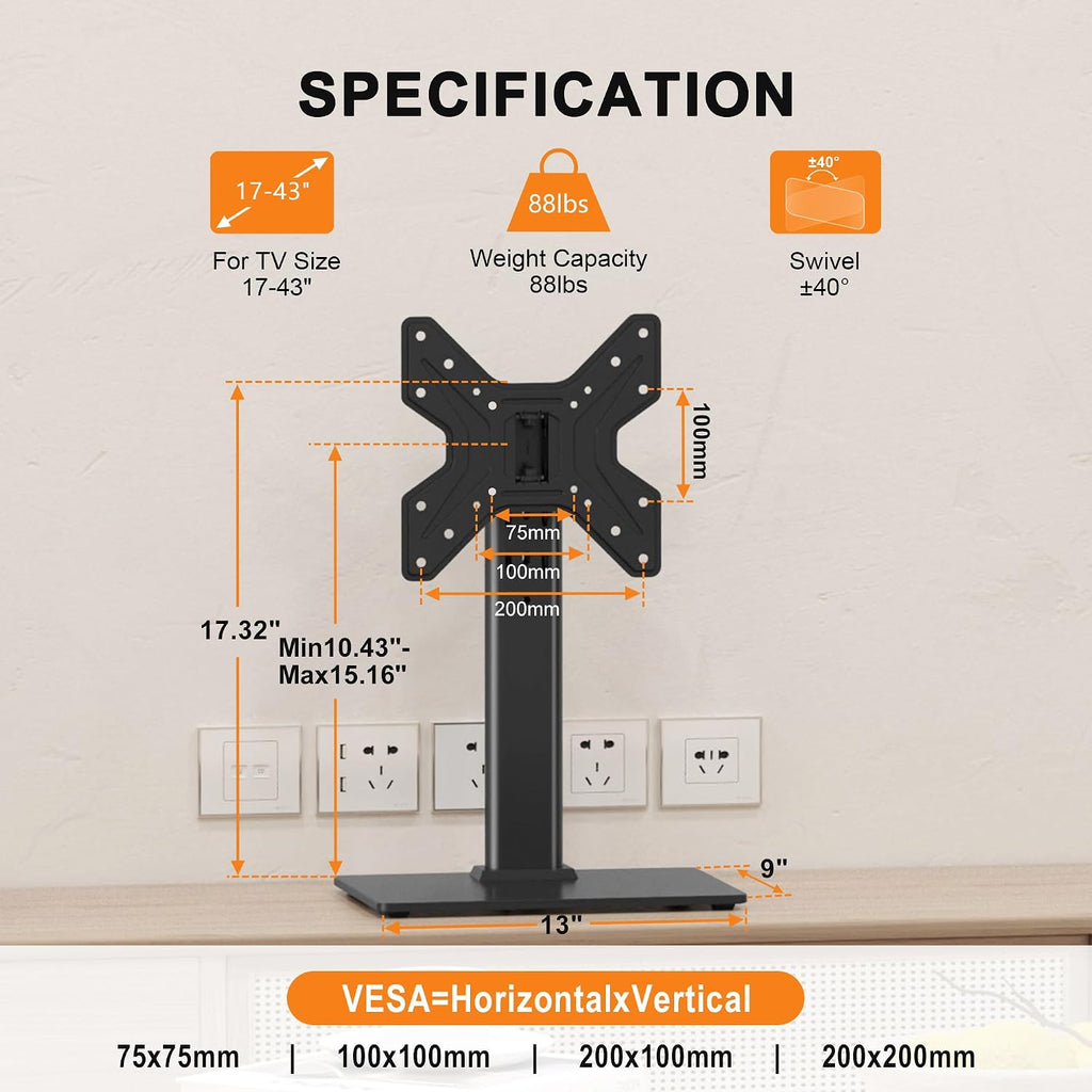 XINLEI Universal Swivel TV Stand Base Table Top TV Stand for 17-43 Inch TVs Height Adjustable Monitor Mount Stand, Holds up to 88lbs, Max VESA 200x200mm, TS205