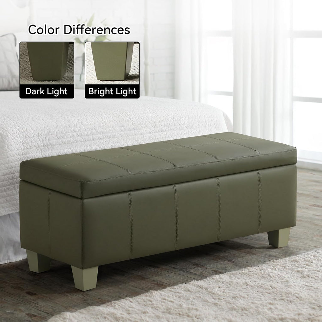 WUTUTUEE 41" Faux Leather Storage Ottoman, Stitch Tufted Rectangle Upholstered End of Bed Storage Bench, Entryway Large Couch Ottoman with Wooden Legs,Green