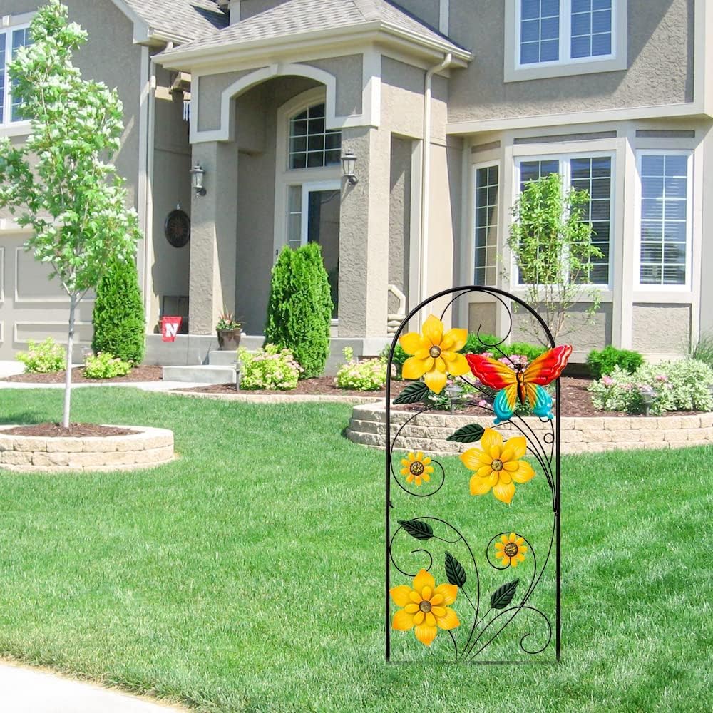 YEAHOME Garden Decor for Outside, 34" Flower Butterflies Decorative Garden Stakes for Spring Garden Decor, Metal Yard Art Stakes for Outdoor Lawn Backyard Porch Decorations