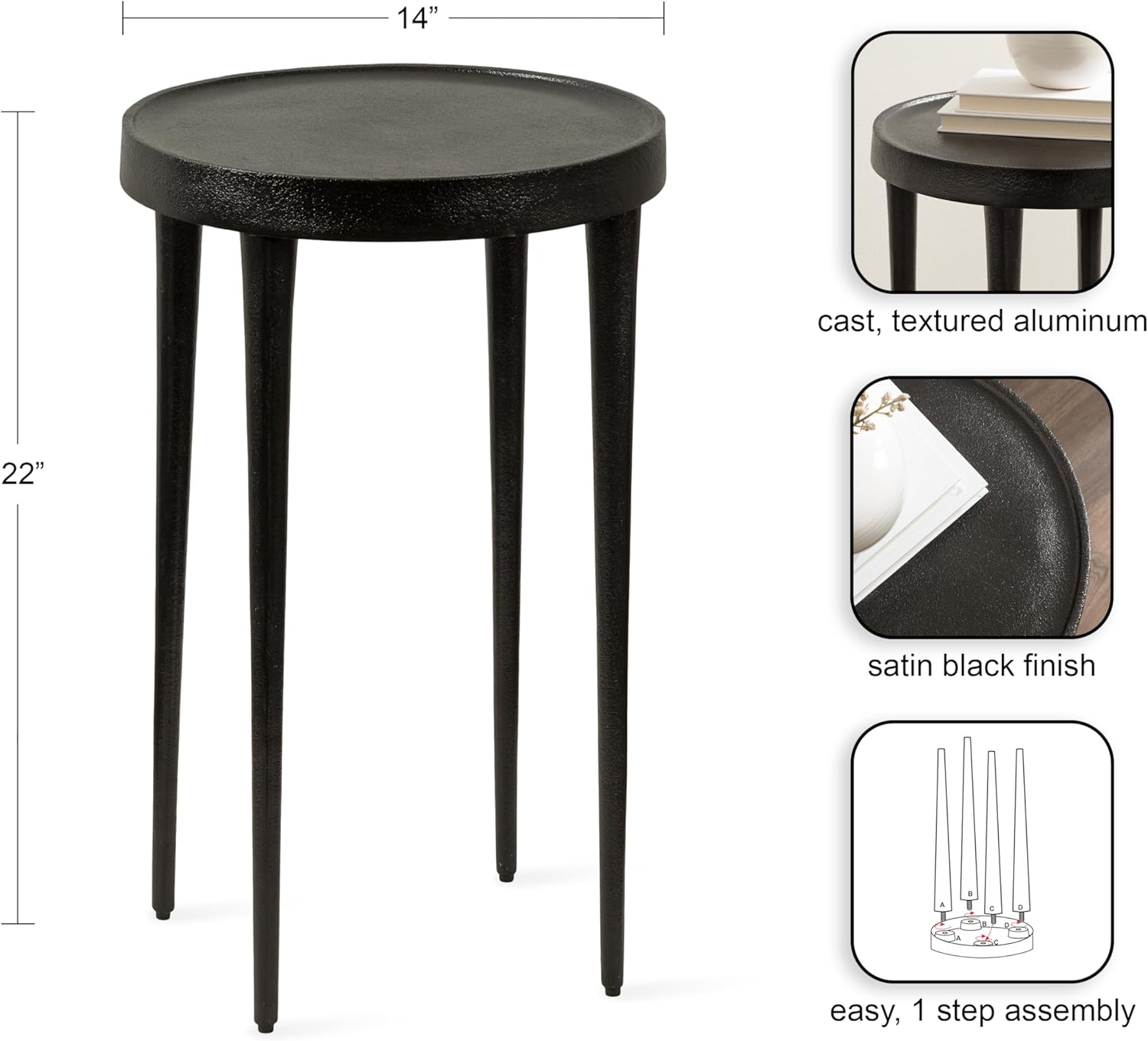 Kate and Laurel Rava Modern Metal Round Side Table, 14 x 14 x 22, Black, Cast Aluminum Accent Table for Use as Indoor Plant Stand or Living Room Decor Piece