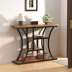 41.3'' Industrial Sofa Table with 4 Tier Storage Shelves, Narrow Long Console Table Entryway Table with Curved Metal Frame, Rustic Wood Accent Table for Hallway, Foyer, Rustic Brown