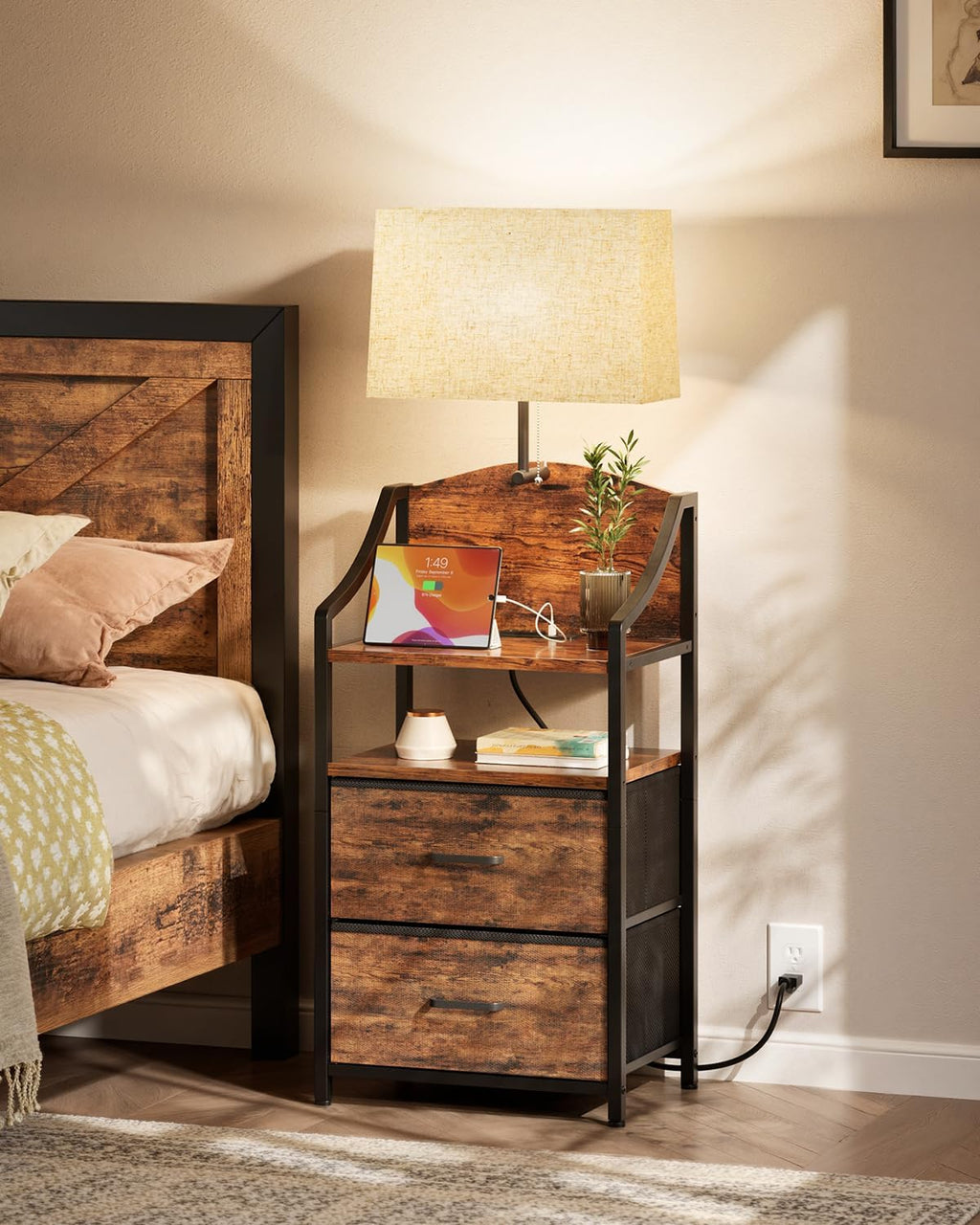 Evermagin 45" Nightstands, Tall Nightstand with Charging Station & Light | Bedside Table with 2 Fabric Drawer & Storage Shelf, End Table with USB Ports and Outlets for Bedroom, Dorm, Rustic Brown