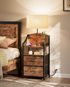 Evermagin 45" Nightstands, Tall Nightstand with Charging Station & Light | Bedside Table with 2 Fabric Drawer & Storage Shelf, End Table with USB Ports and Outlets for Bedroom, Dorm, Rustic Brown