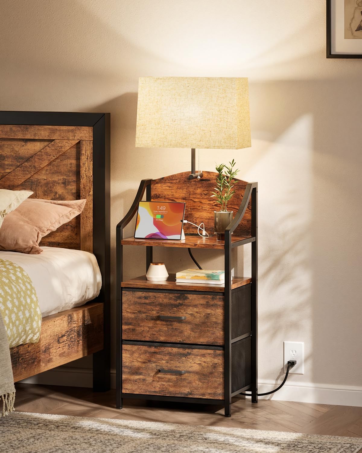 Evermagin 45" Nightstands, Tall Nightstand with Charging Station & Light | Bedside Table with 2 Fabric Drawer & Storage Shelf, End Table with USB Ports and Outlets for Bedroom, Dorm, Rustic Brown
