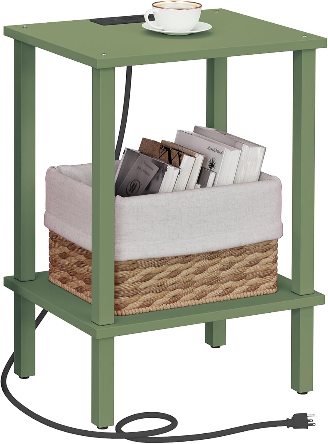 TUTOTAK End Table with Charging Station, Small Side Table with Outlets, Nightstand Bedside Table, 2-Tier Storage Shelf for Small Space, Living Room, Bedroom, Olive Green TB01BOG040