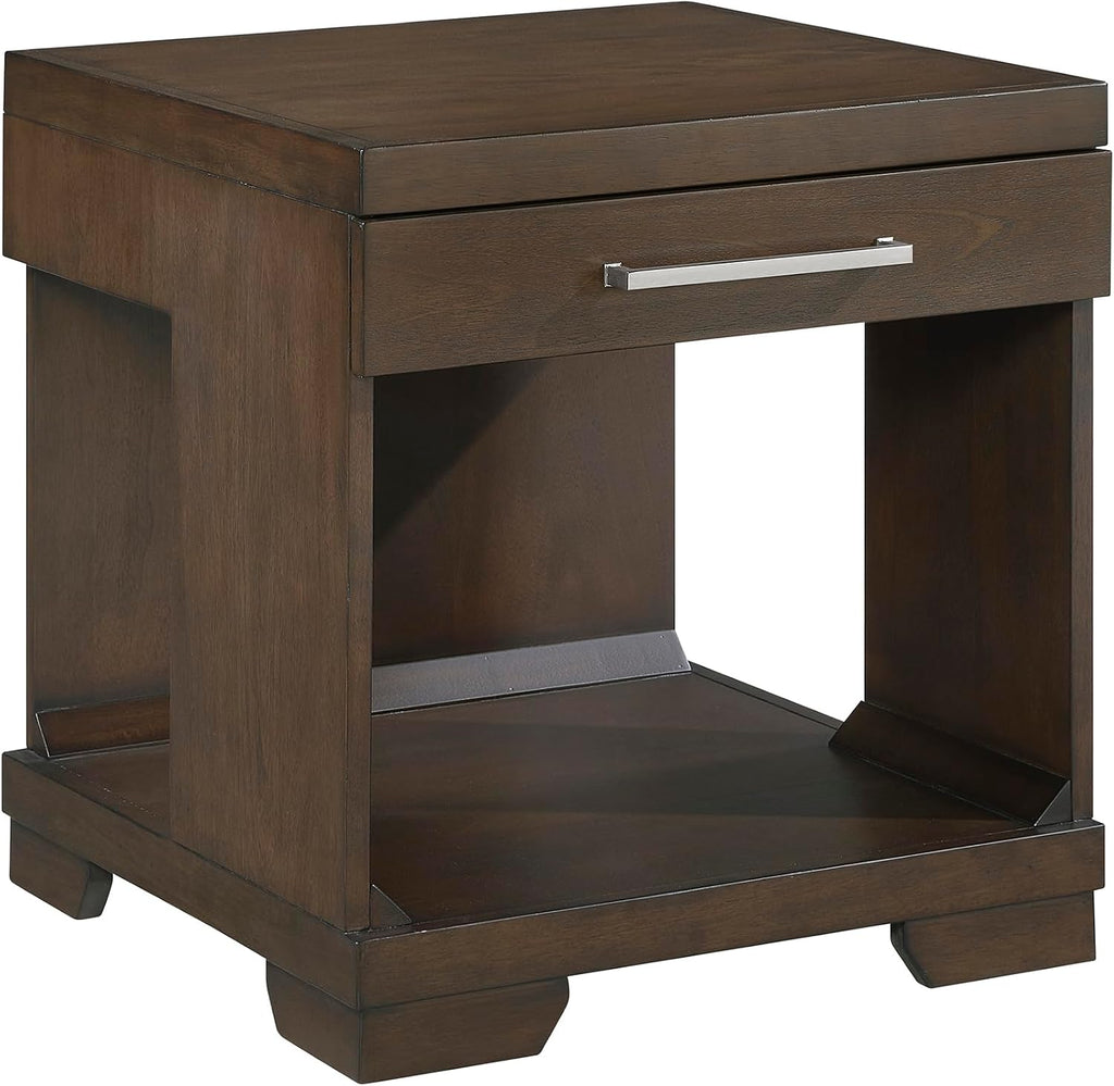 Lexicon Rectangle Wood End Table with Drawer and Lower Open Shelf, Mango Wood Veneer Small Side Table for Contemporary Living Room/Bedroom, Fully Assembled, Espresso