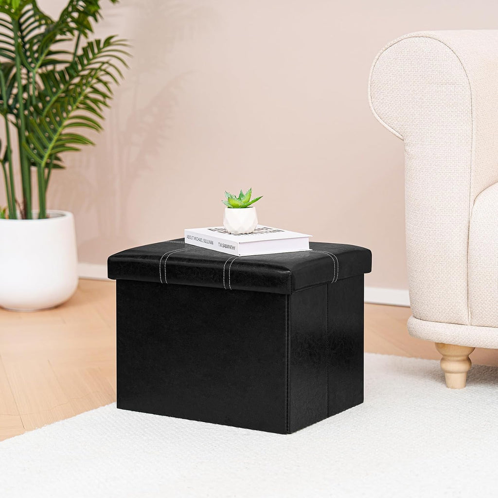 B FSOBEIIALEO Folding Storage Ottoman, 16.5" Faux Leather Ottomans, Black | Small Ottoman Foot Rest with Padded Seat, Rectangle Coffee Table Chest Bench, for Dorm Living Room