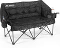 Double Camping Chair Oversized Padded Camping Chairs for Adults Folding Loveseat with Cup Holders and Side Pockets Heavy Duty Outdoor Lawn Chairs for Camping,Sports, Fishing,Beach, Gray Leaves