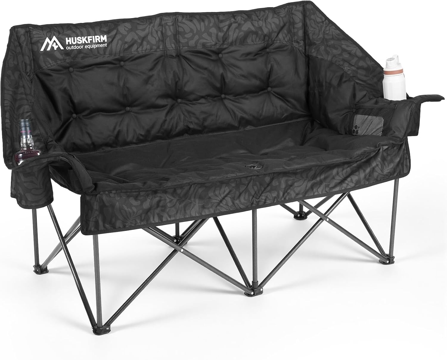 Double Camping Chair Oversized Padded Camping Chairs for Adults Folding Loveseat with Cup Holders and Side Pockets Heavy Duty Outdoor Lawn Chairs for Camping,Sports, Fishing,Beach, Gray Leaves