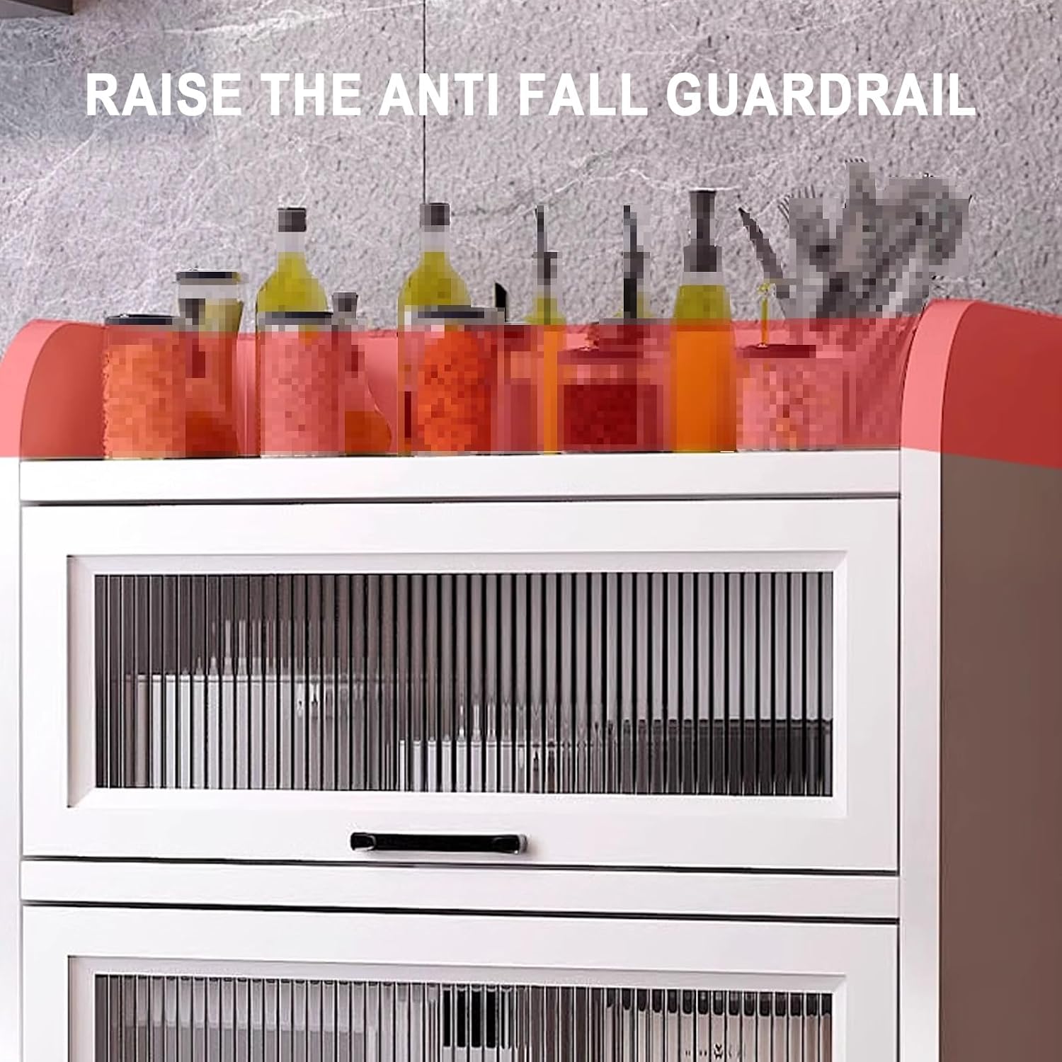 Kitchen Pantry Storage Cabinet E1 Grade Environmental Protection Board Concealed Flip-up Glass Cabinet Doors, for Kitchen Dining Room Living Room(Ash Gray,60cm*40cm*169cm)
