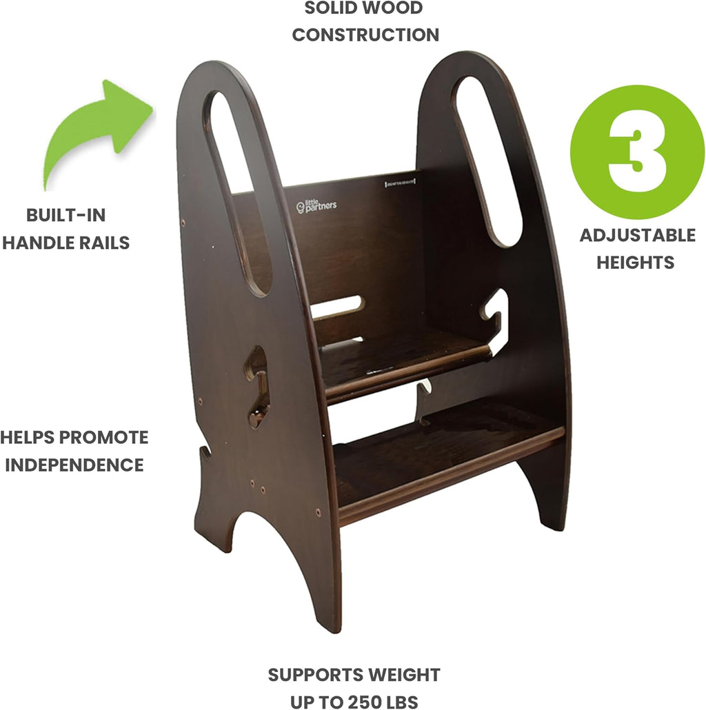 Little Partners 3-in-1 Growing Step Stool Toddler Tower Helper Step Stool, Wooden Standing Stool for Bathroom or Kitchen, Anti-Slip Feet, Built-in Safety Hand Rails Up to 100 lbs. (Espresso)