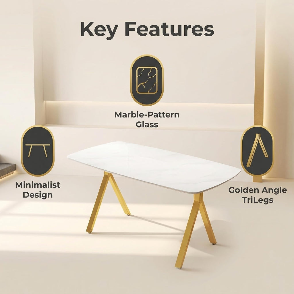 Meihua 51.2'' Dining Table with White Marble Pattern Tempered Glass Top, Sleek Metal Legs Stable Frame Dinner Table for 4-6 Persons, Luxury Kitchen Table for Home, Apartment & Office