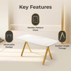 Meihua 51.2'' Dining Table with White Marble Pattern Tempered Glass Top, Sleek Metal Legs Stable Frame Dinner Table for 4-6 Persons, Luxury Kitchen Table for Home, Apartment & Office
