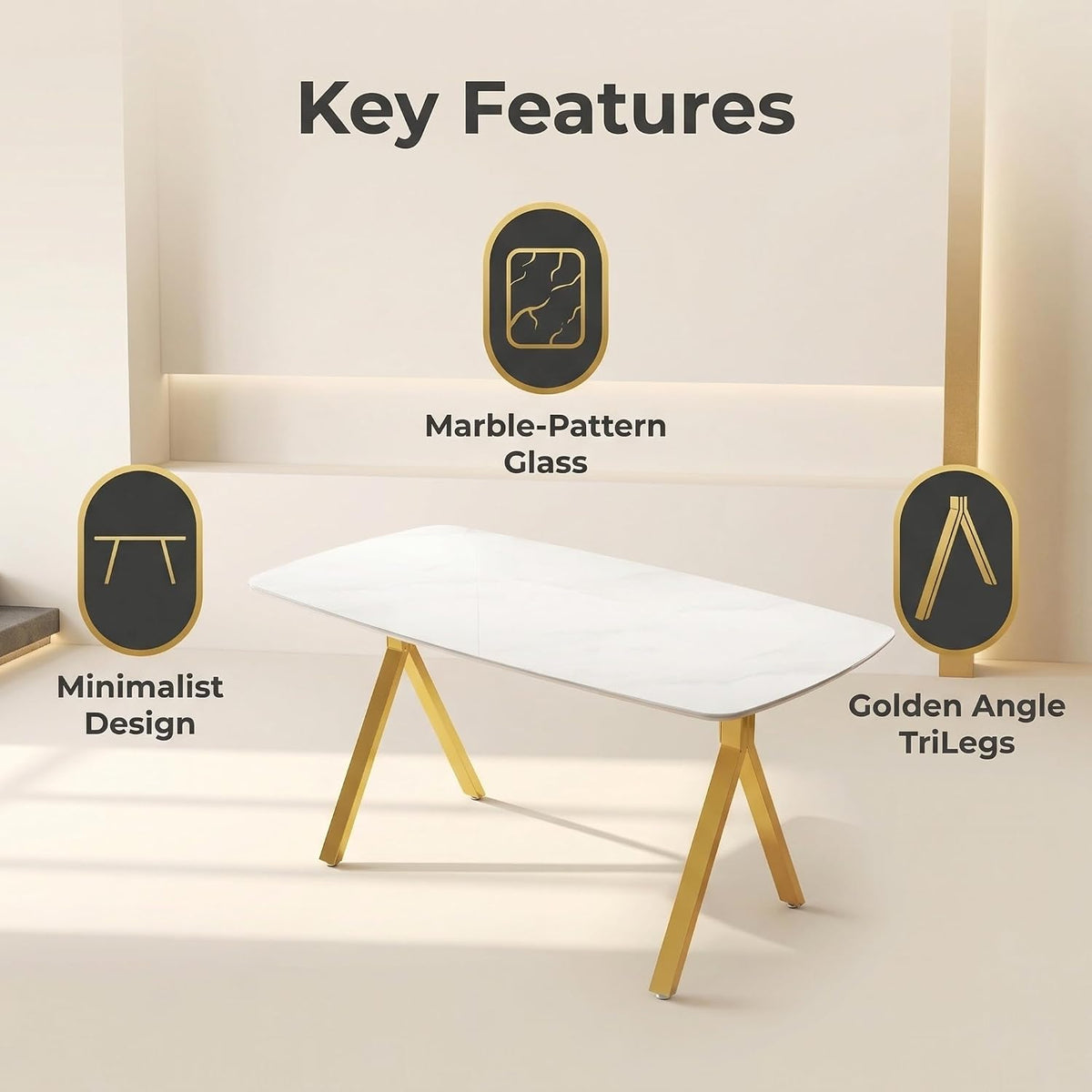 Meihua 51.2'' Dining Table with White Marble Pattern Tempered Glass Top, Sleek Metal Legs Stable Frame Dinner Table for 4-6 Persons, Luxury Kitchen Table for Home, Apartment & Office