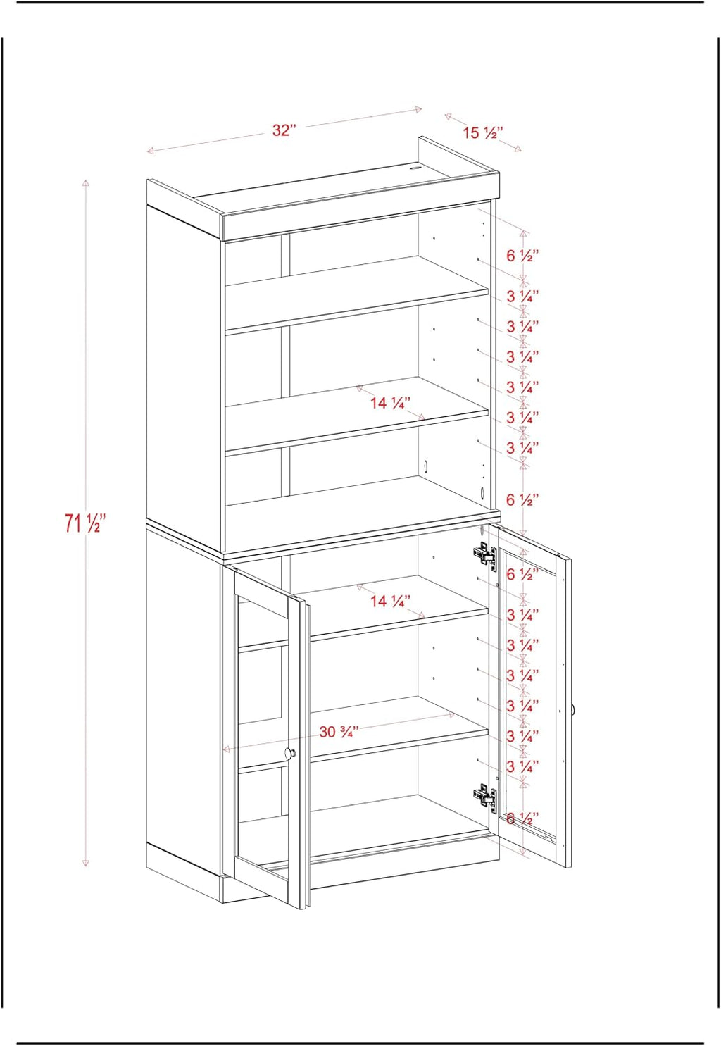 Palace Imports 100% Solid Wood Kitchen Pantry w/ 2 Glass Doors, Yellow, 32" w x 71.5" h, Renewable Eco-Friendly Pine, Made in Brazil