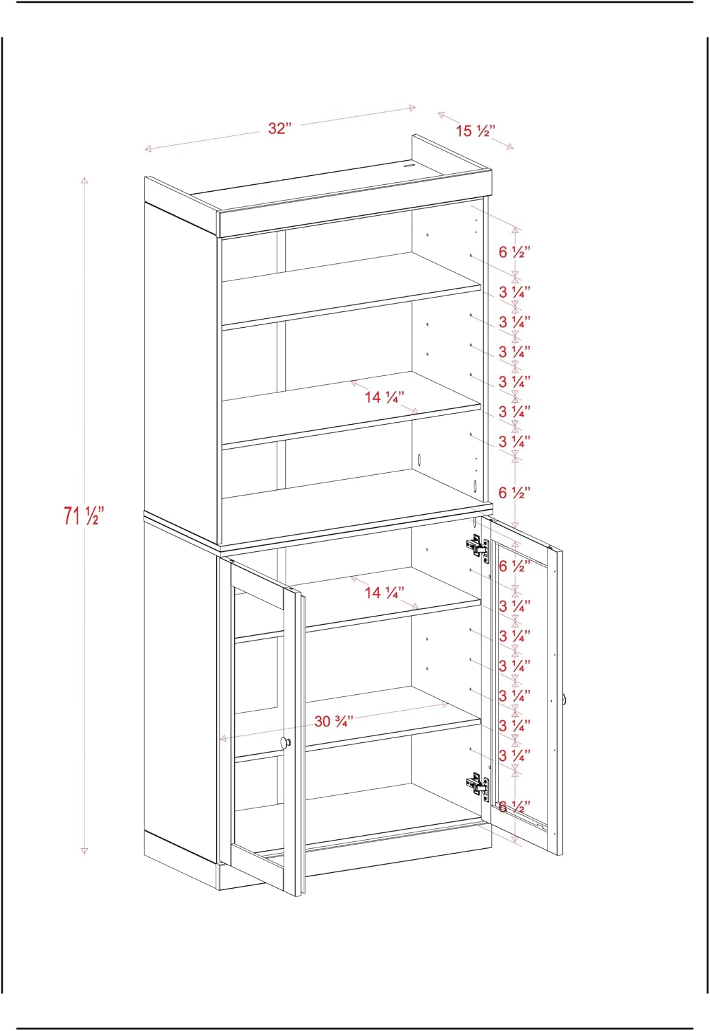 Palace Imports 100% Solid Wood Kitchen Pantry w/ 2 Glass Doors, Yellow, 32" w x 71.5" h, Renewable Eco-Friendly Pine, Made in Brazil
