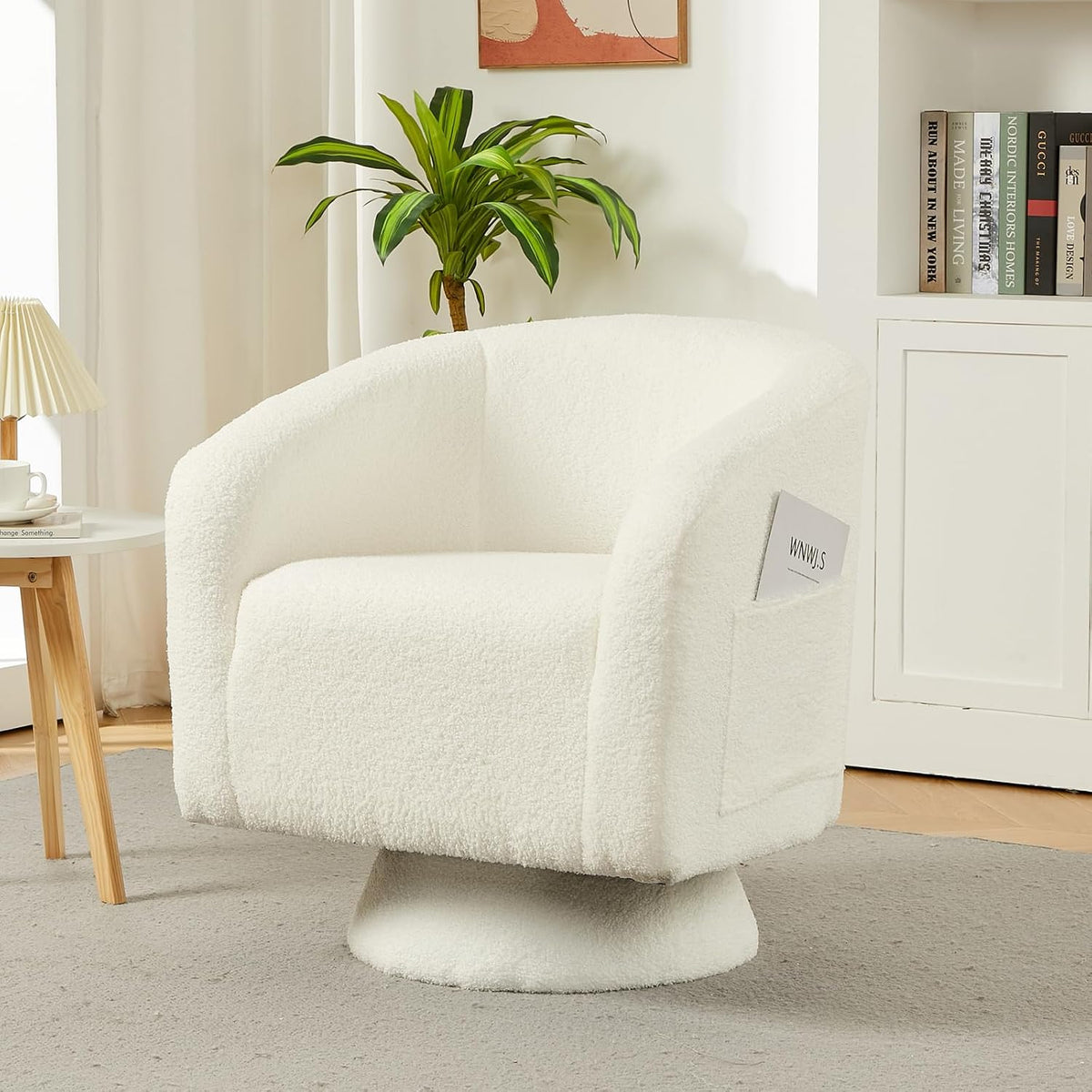 Garvee Swivel Accent Chair with Engineered Wood Base Swivel Barrel Chair | 360 Degree Comfy Boucle Armchair for Living Room Bedroom Reading Nook with Side Large Pocket