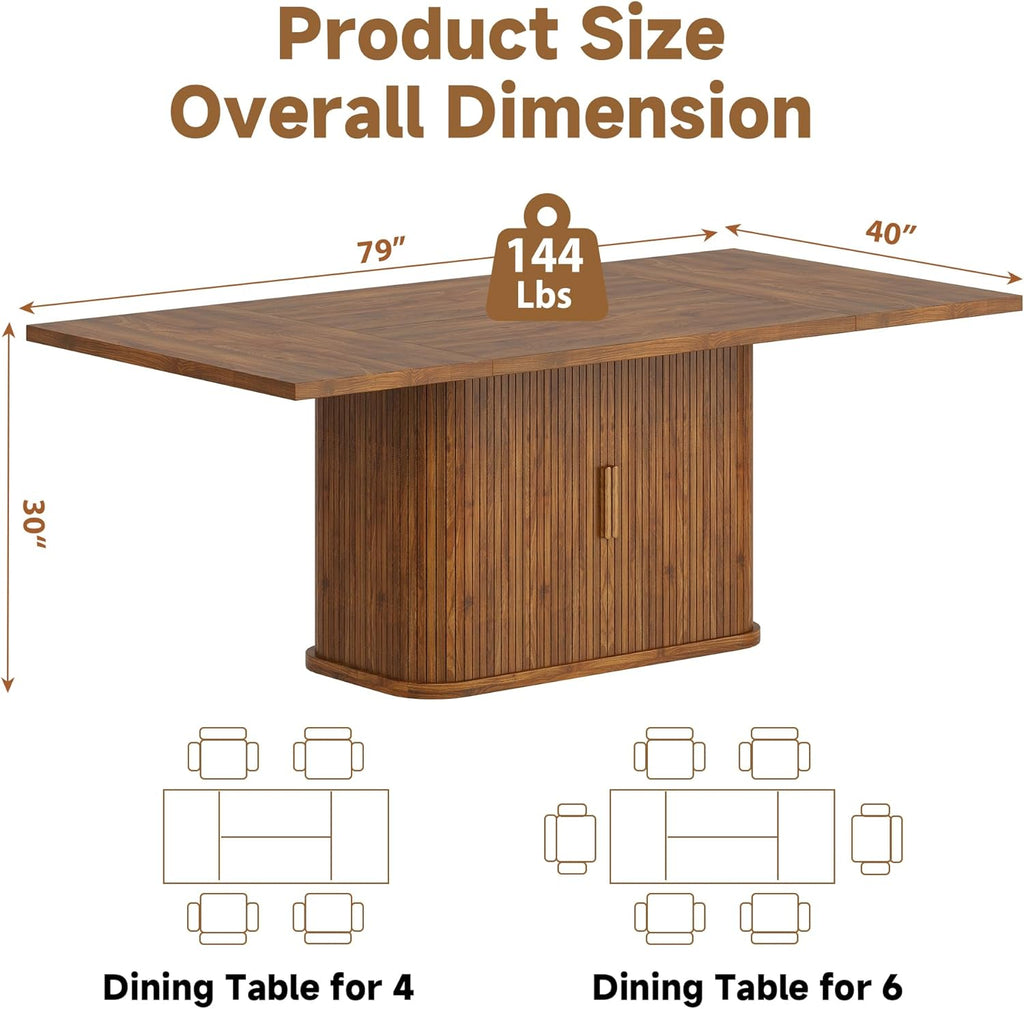 knoworld 78.7" Rectangular Dining Table for 6-10, Farmhouse Kitchen Furniture with Storage Base, Sliding Tambour Doors, Walnut