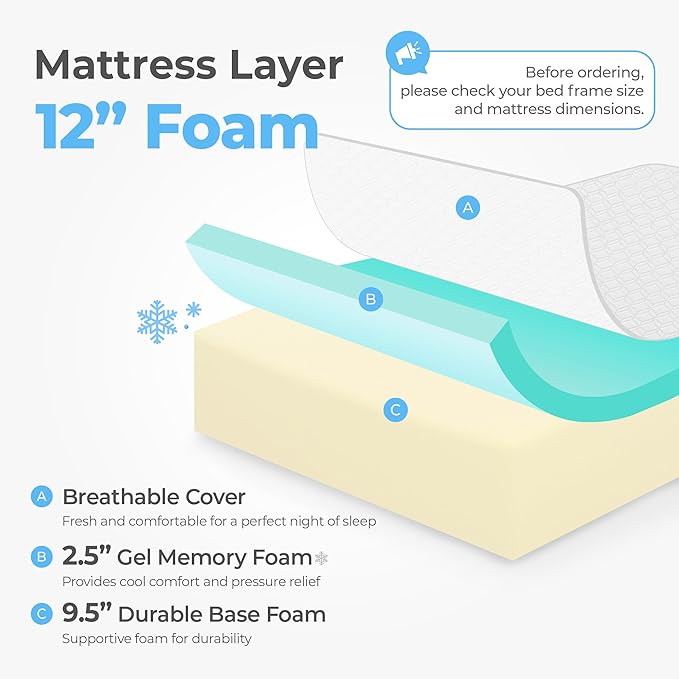 Neo Sleep 12 Inch Twin Medium Firm Cooling Gel Memory Foam Mattress for Cool Sleep Pressure Relieving CertiPUR-US Certified Foam, Mattress in a Box Fiberglass Free (Twin, 12 in)