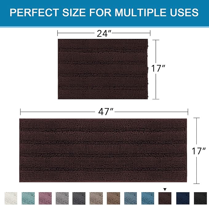 Non Slip Thick Shaggy Chenille Bathroom Rug Mat Set Extra Soft and Absorbent Striped Floor Rugs, 2 Piece, Machine-Washable