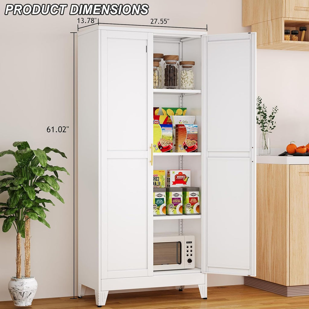 Winiowa Metal Pantry Cabinet with 2 Doors and Adjustable Shelves - 61" Kitchen Storage Cabinet with Gold Handles - Versatile Storage for Kitchen, Bathroom, Dining Room, Utility Room - White
