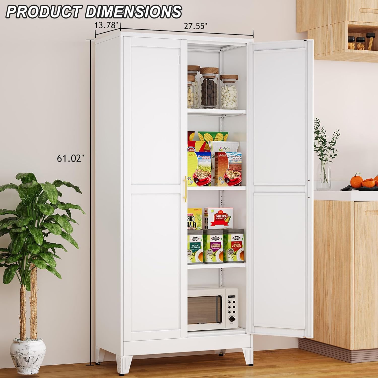 Winiowa Metal Pantry Cabinet with 2 Doors and Adjustable Shelves - 61" Kitchen Storage Cabinet with Gold Handles - Versatile Storage for Kitchen, Bathroom, Dining Room, Utility Room - White