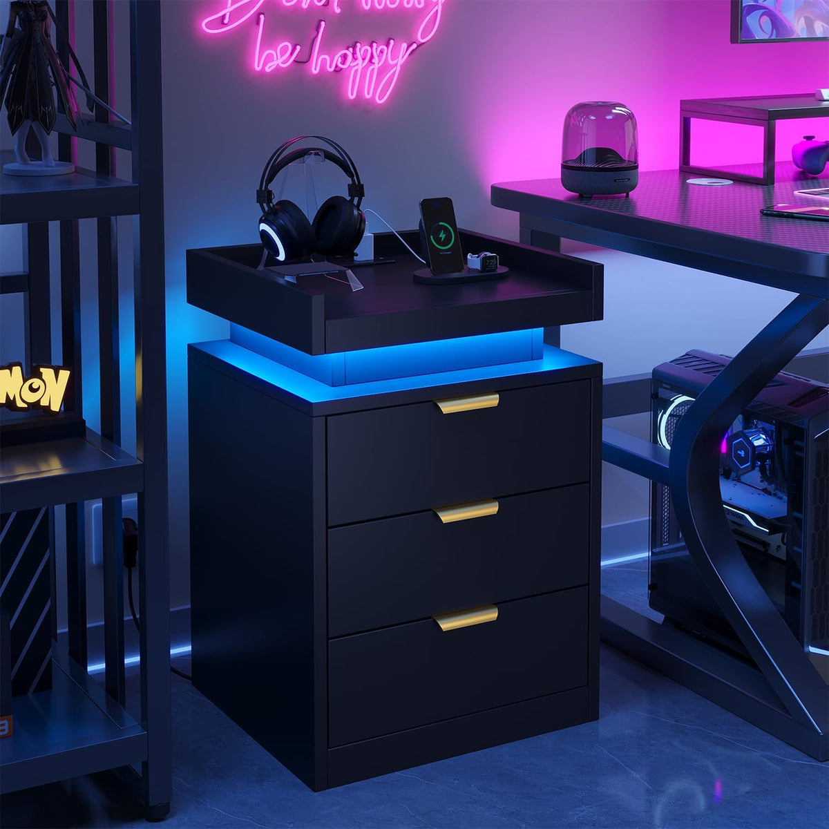 knoworld LED Nightstand with Charging Station & USB Ports, 3-Drawer Bedside Table with Adjustable RGB LED Lights, High-Gloss Modern Nightstands for Bedroom, Black