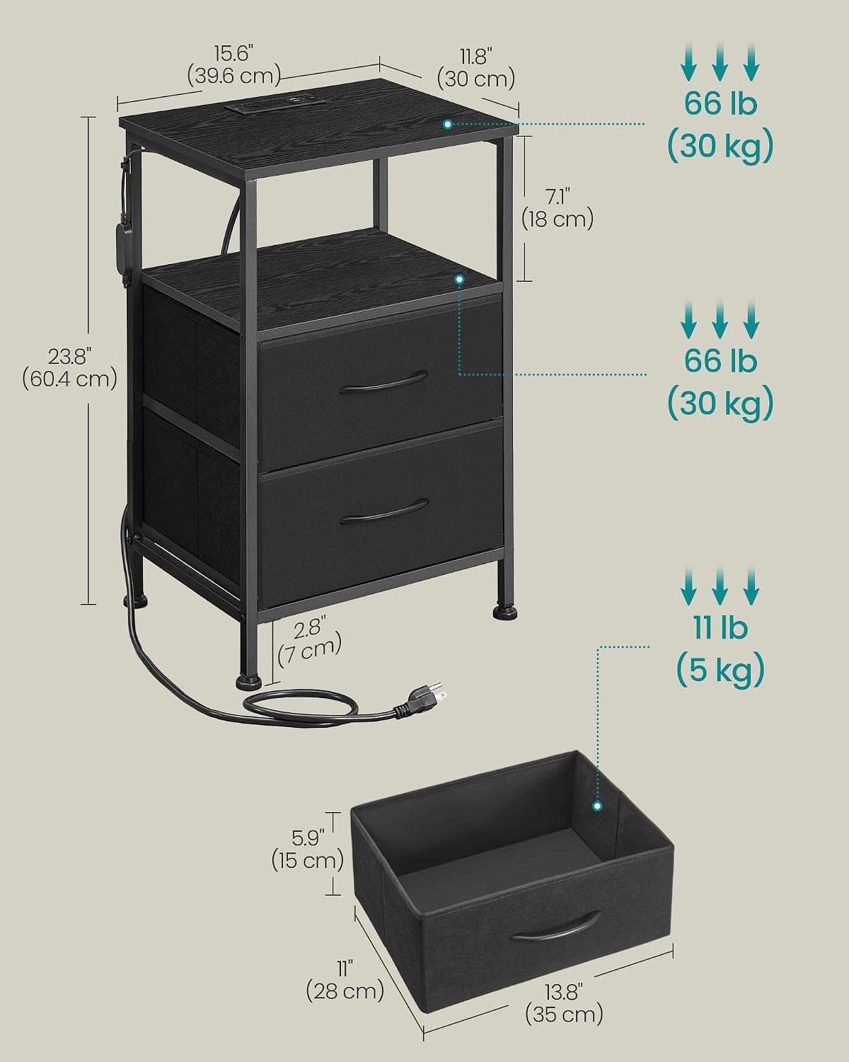 SONGMICS BELLAH Collection - Nightstand with Charging Station and App-Controlled Adjustable LED Lights, Bed Side Table, 2 Drawers and 1 Open Shelf, Modern, Ink Black and Ebony Black ULGS302BH01S