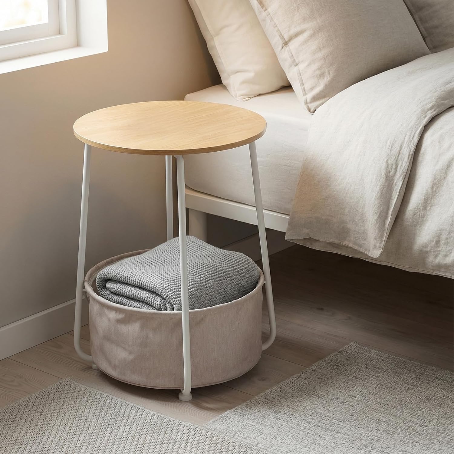 Modern Round Side End Table with Fabric Storage Basket, Matte White and Camel Brown, Contemporary Nightstand (Burlywood)