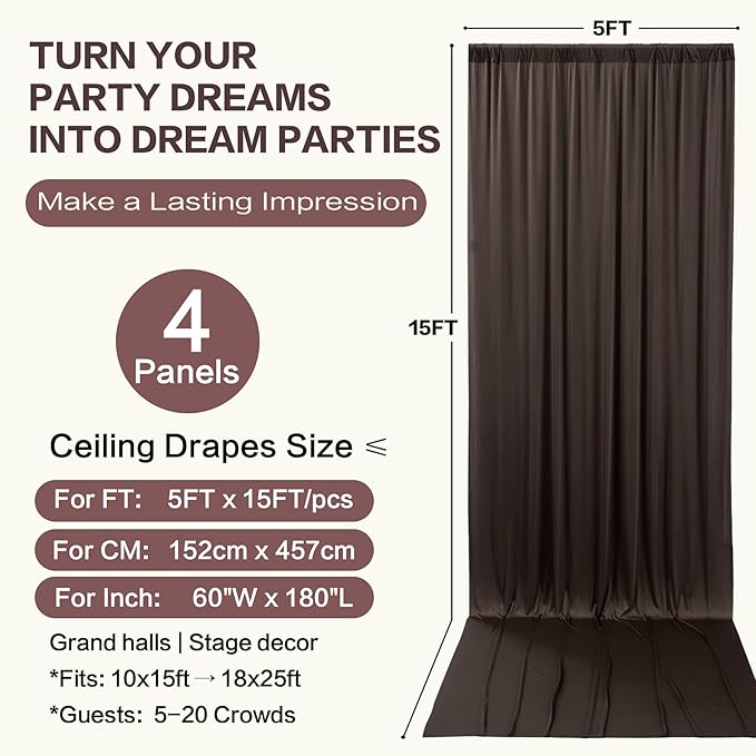 PartyVillage 20ft×15ft Brown Backdrop Curtain for Wedding Parties, 4 Panels Wrinkle Free 15 FT Long Polyester Photo Backdrop Drapes Back Drop Cloth for Birthday Photography Background