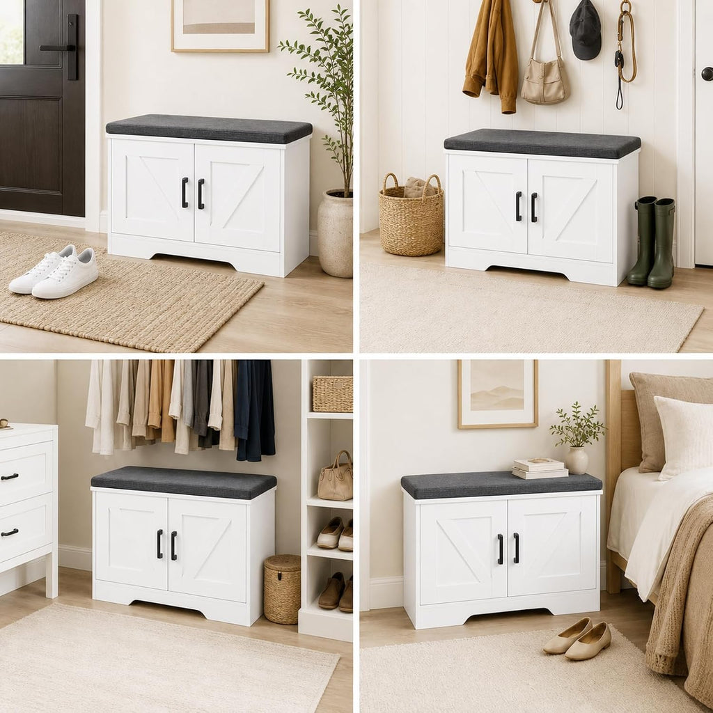 NEWBULIG Shoe Storage Bench for Entryway with Cushion, 27.6IN, White | Shoe Organizer Cabinet with Padded Cushion and Doors, Adjustable Shelves, Shoes Bench for Hallway, Mudroom, Bedroom